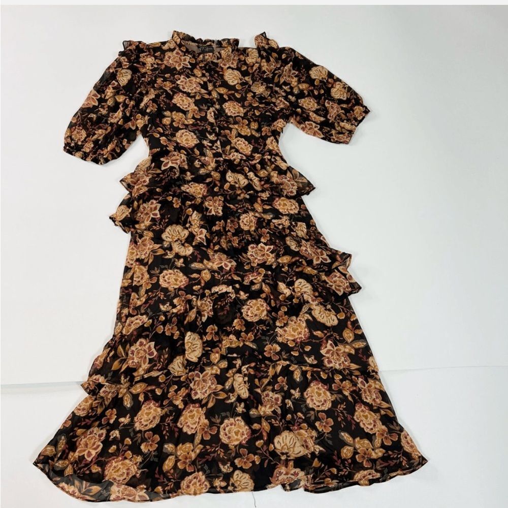 Dress Forum Midi Dress Womens Small Black Floral Tiered Ruffle Short Sleeve